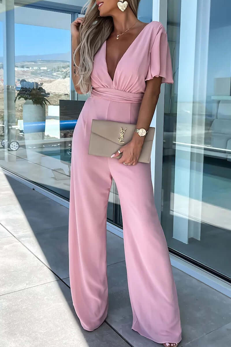 Women's Casual V-Neck Jumpsuit for Everyday Summer Wear — Pink