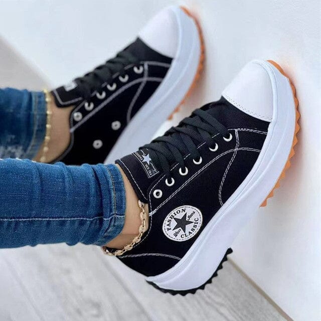 Women's Chunky Sole Platform Low-Top Sneakers, Casual Style — Black