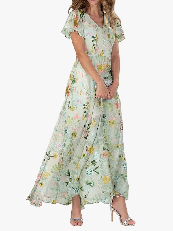 Women's green maxi dress floral flutter-sleeve