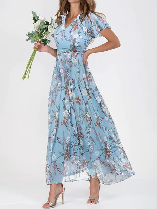 Women's green maxi dress floral flutter-sleeve