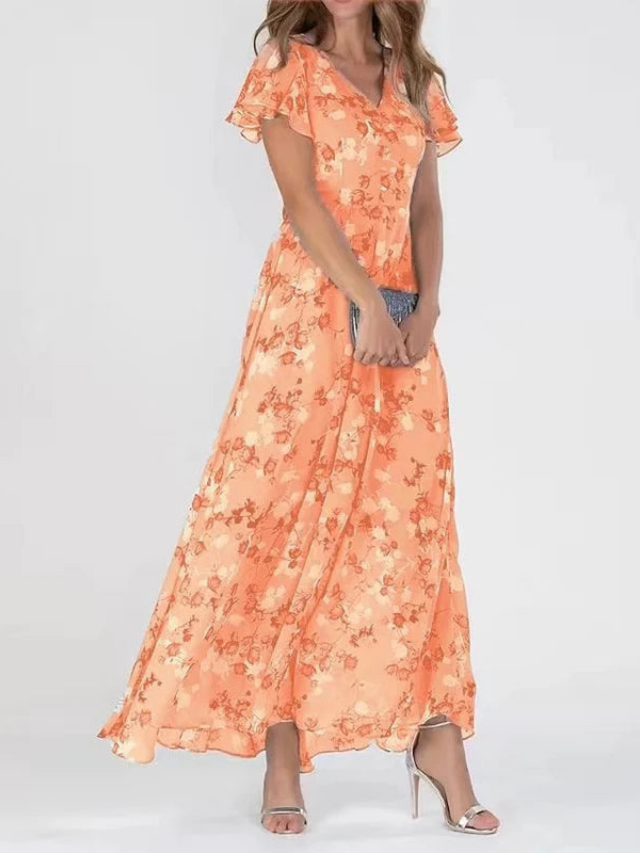 Women's green maxi dress floral flutter-sleeve