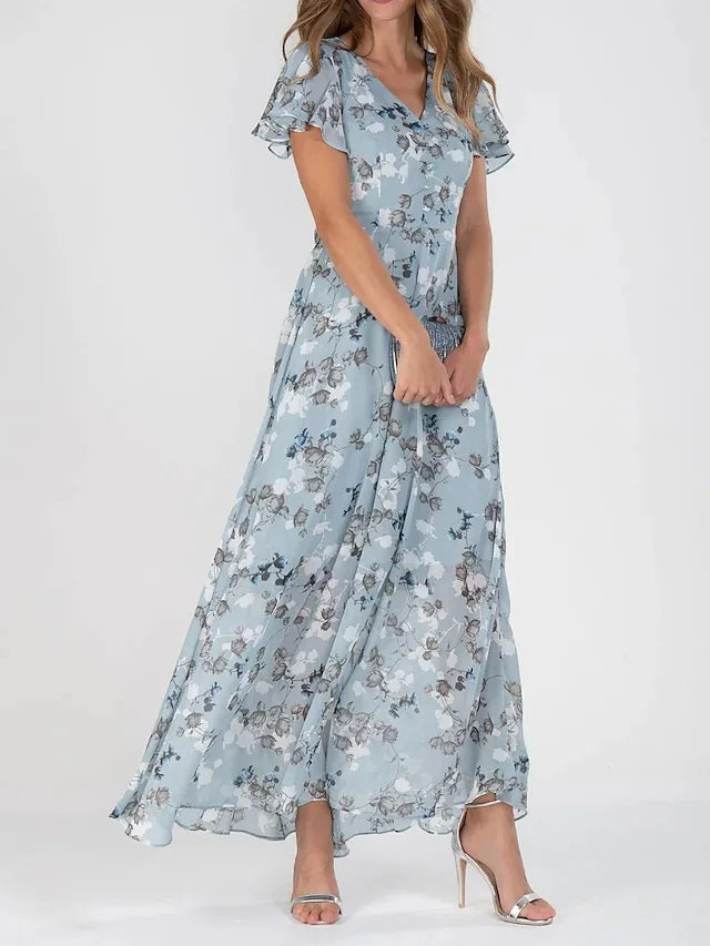Women's green maxi dress floral flutter-sleeve