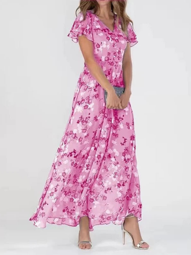 Women's green maxi dress floral flutter-sleeve