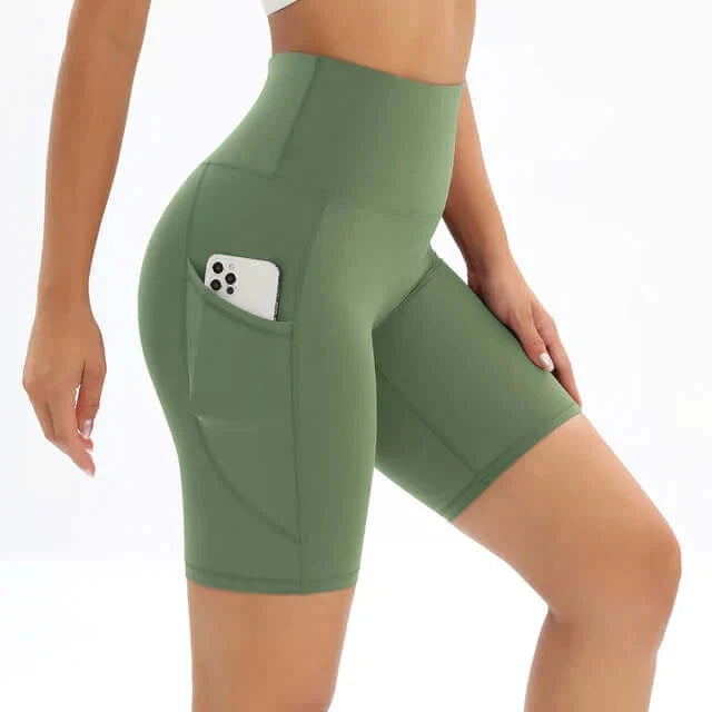 Women's High-Waisted Fitness Shorts with Pocket for Gym — Bronze green