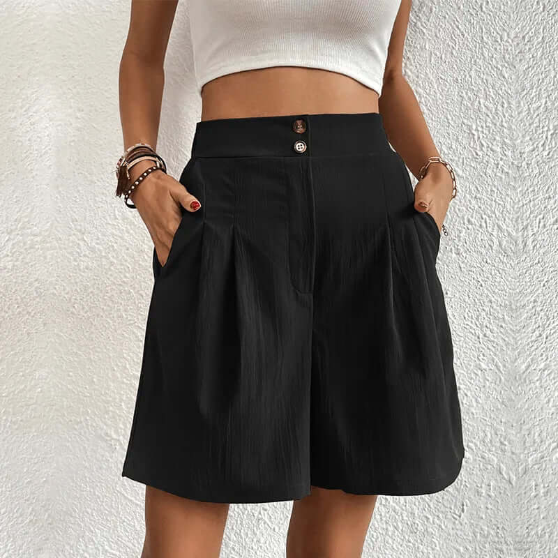 Women's Tailored High-Waisted Pleated Shorts for Summer — Black
