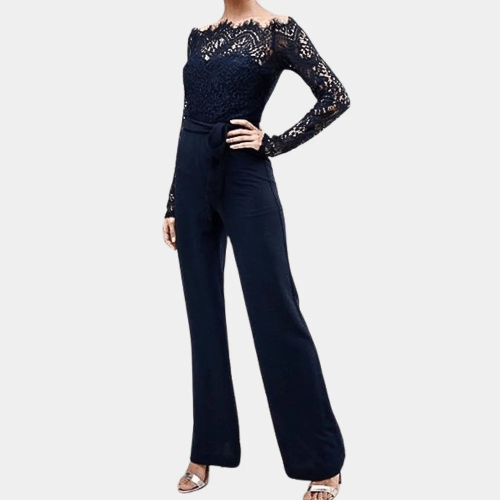Women's Lace Off-Shoulder Jumpsuit for Evening Occasions — Blue