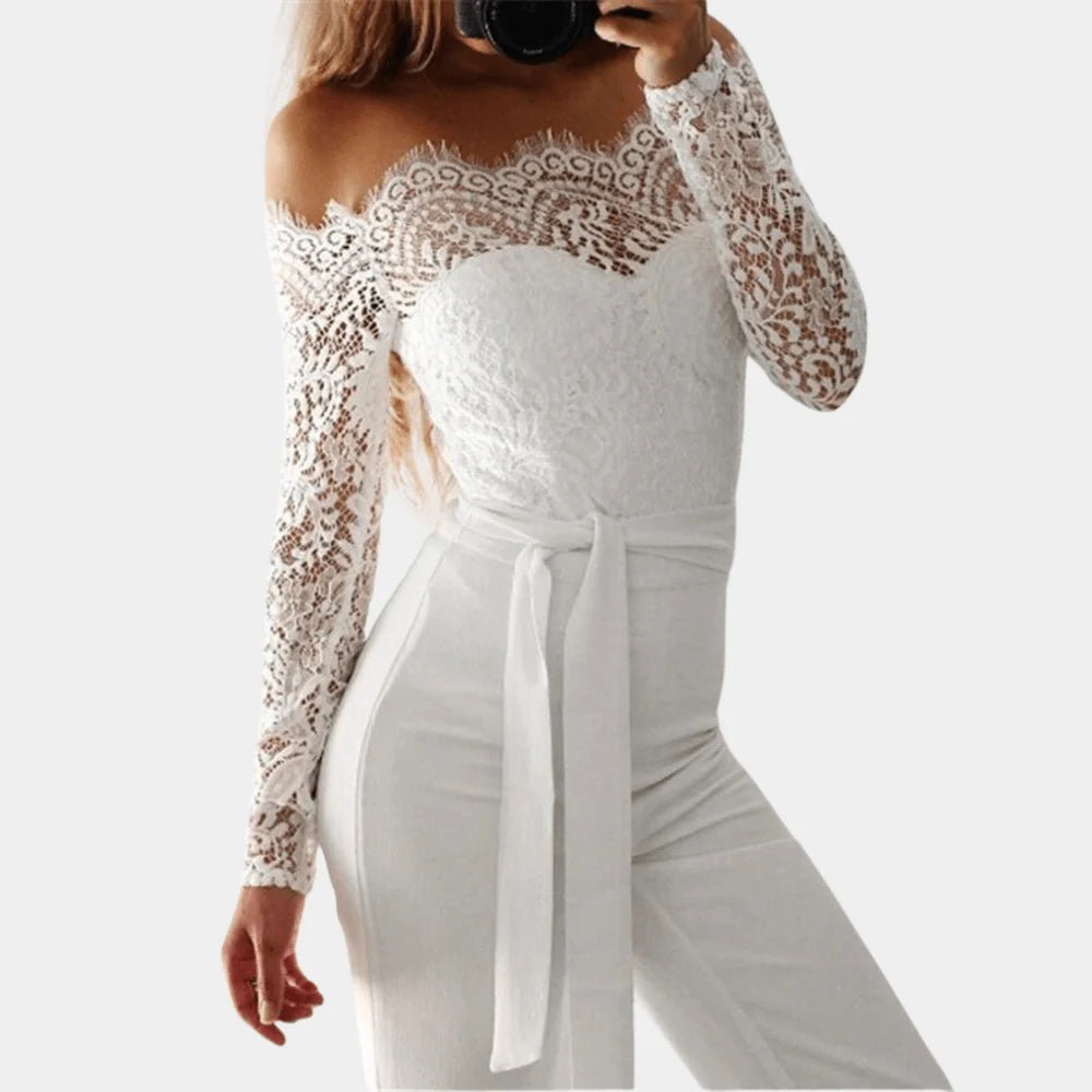 Women's Lace Off-Shoulder Jumpsuit for Evening Occasions — White