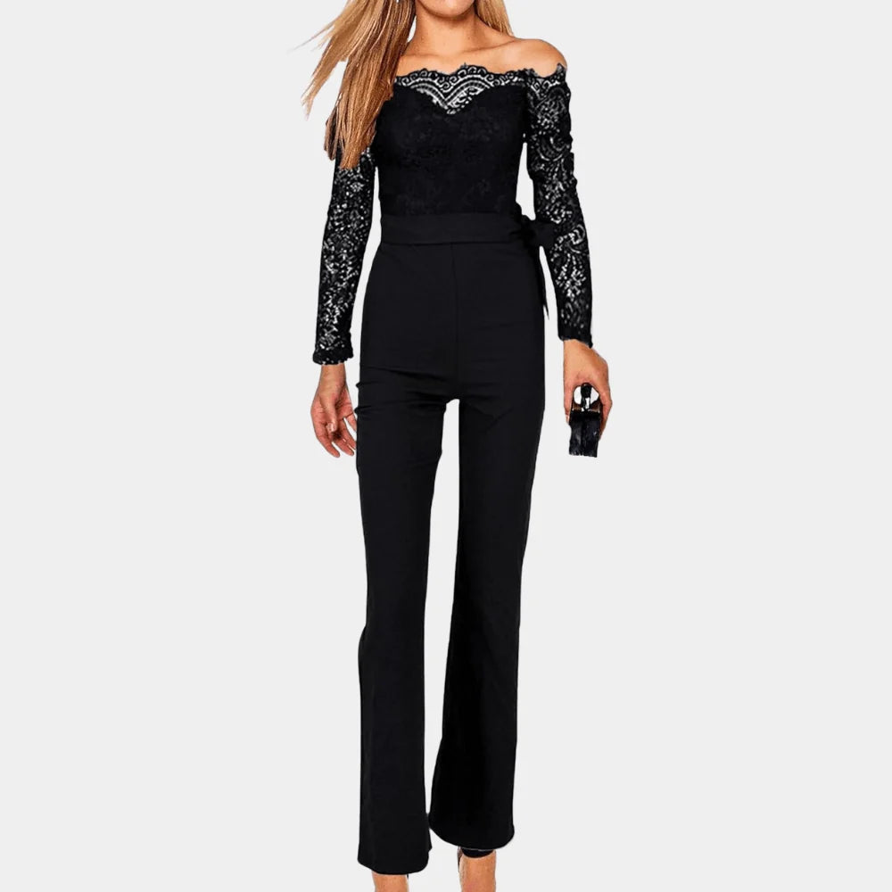 Women's Lace Off-Shoulder Jumpsuit for Evening Occasions — Black