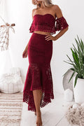 Women's Red Lace Two-Piece Set for Summer Evening Occasions — Red