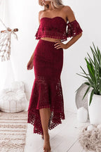 Women's Red Lace Two-Piece Set for Summer Evening Occasions — Red