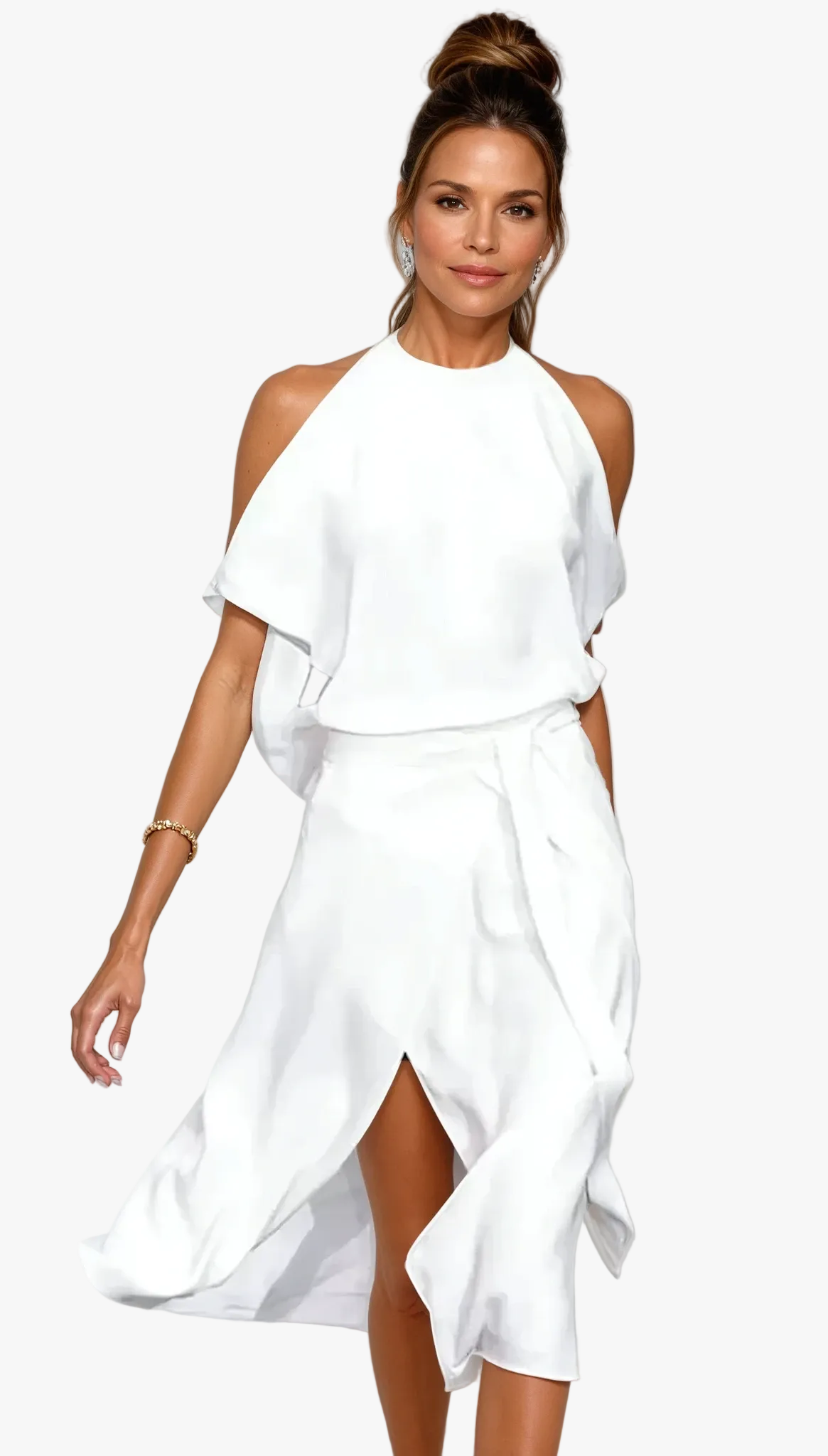 Women's white midi dress layered halter cold-shoulder