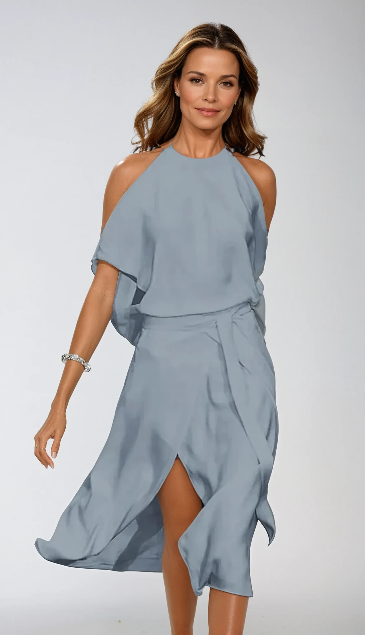 Women's white midi dress layered halter cold-shoulder