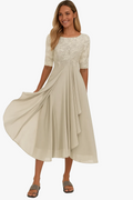 Women's yellow midi dress round-neck lace-bodice sheer-sleeve