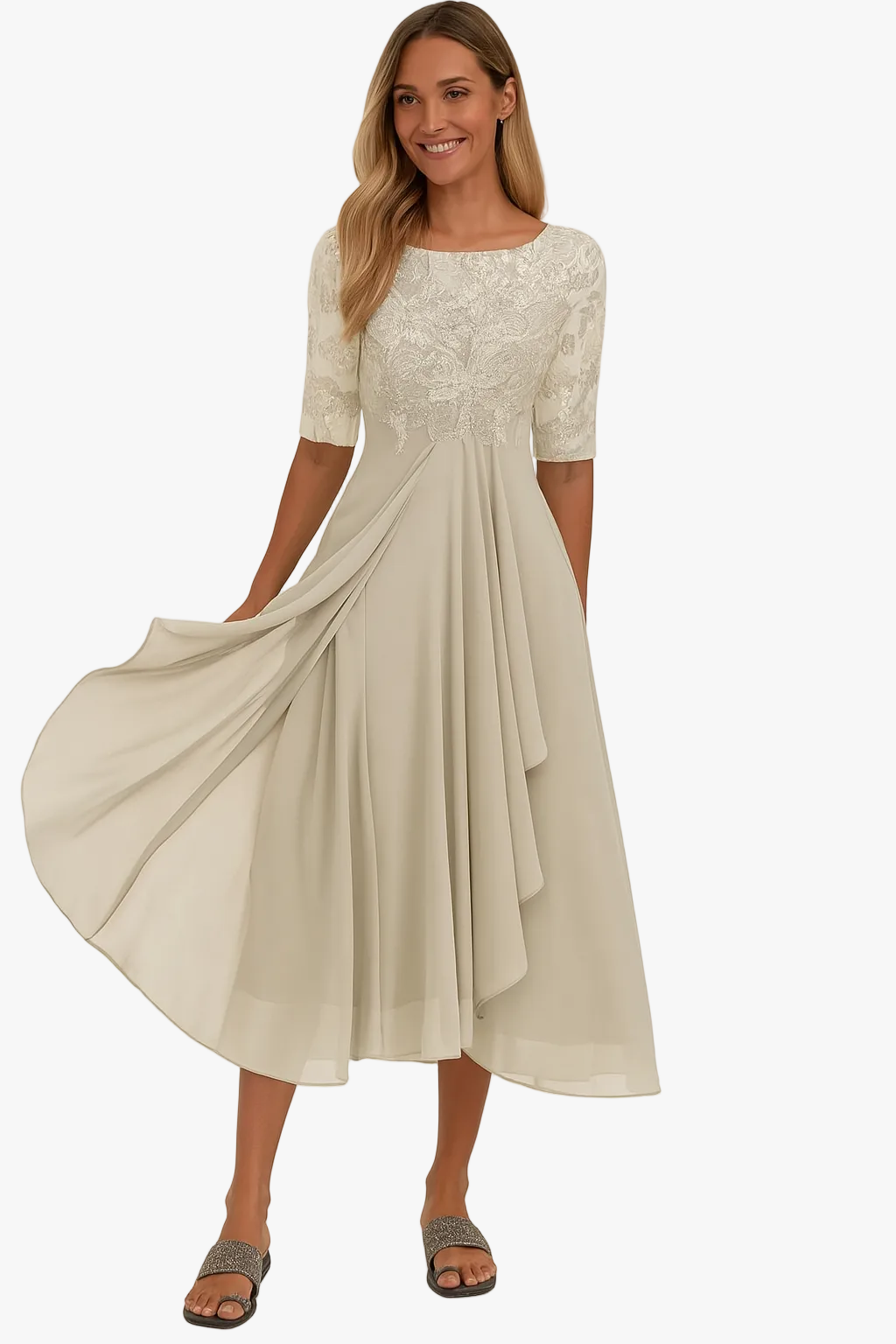 Women's yellow midi dress round-neck lace-bodice sheer-sleeve