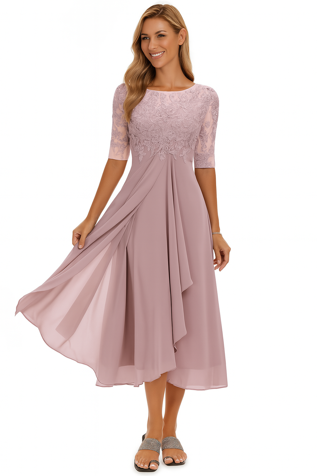 Women's yellow midi dress round-neck lace-bodice sheer-sleeve