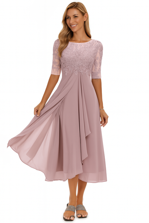 Women's yellow midi dress round-neck lace-bodice sheer-sleeve