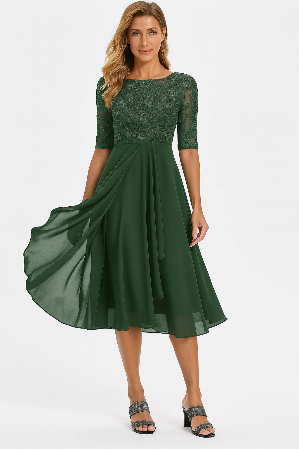 Women's yellow midi dress round-neck lace-bodice sheer-sleeve