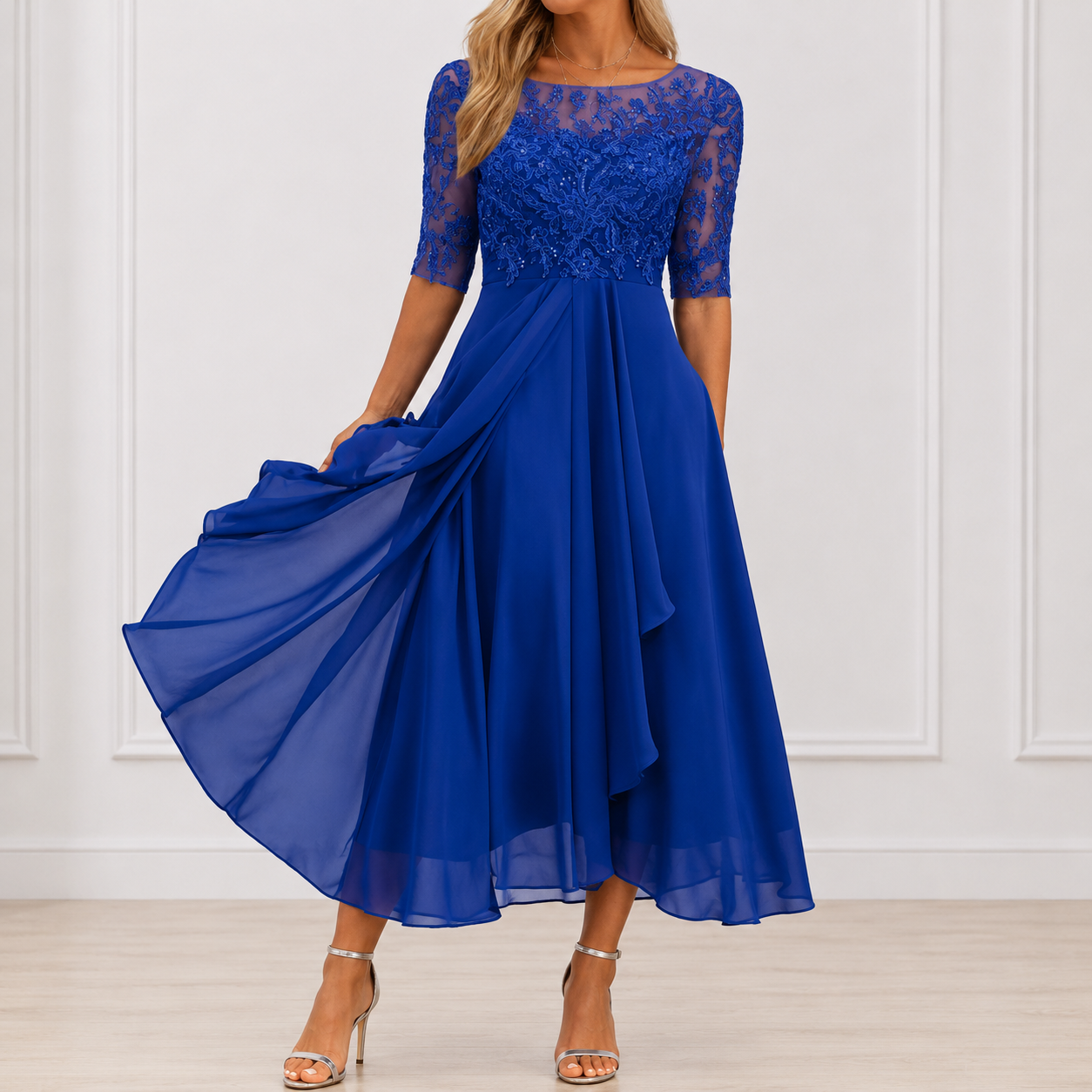 Women's yellow midi dress round-neck lace-bodice sheer-sleeve