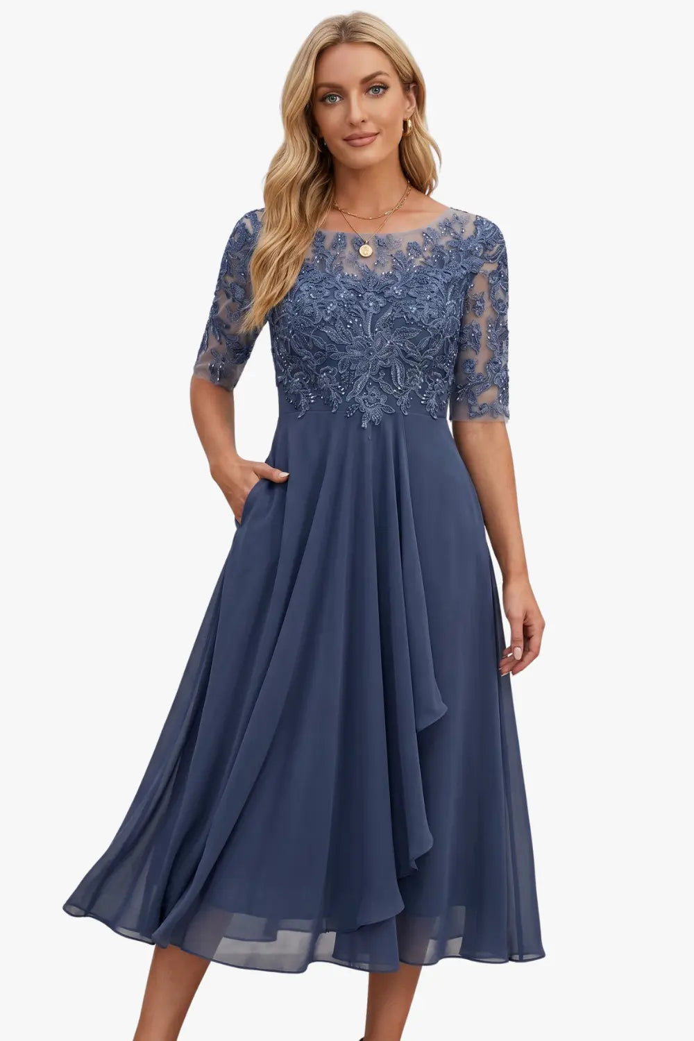 Women's yellow midi dress round-neck lace-bodice sheer-sleeve