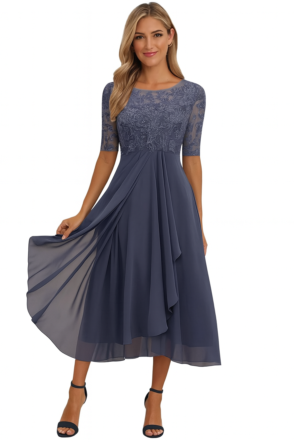 Women's yellow midi dress round-neck lace-bodice sheer-sleeve