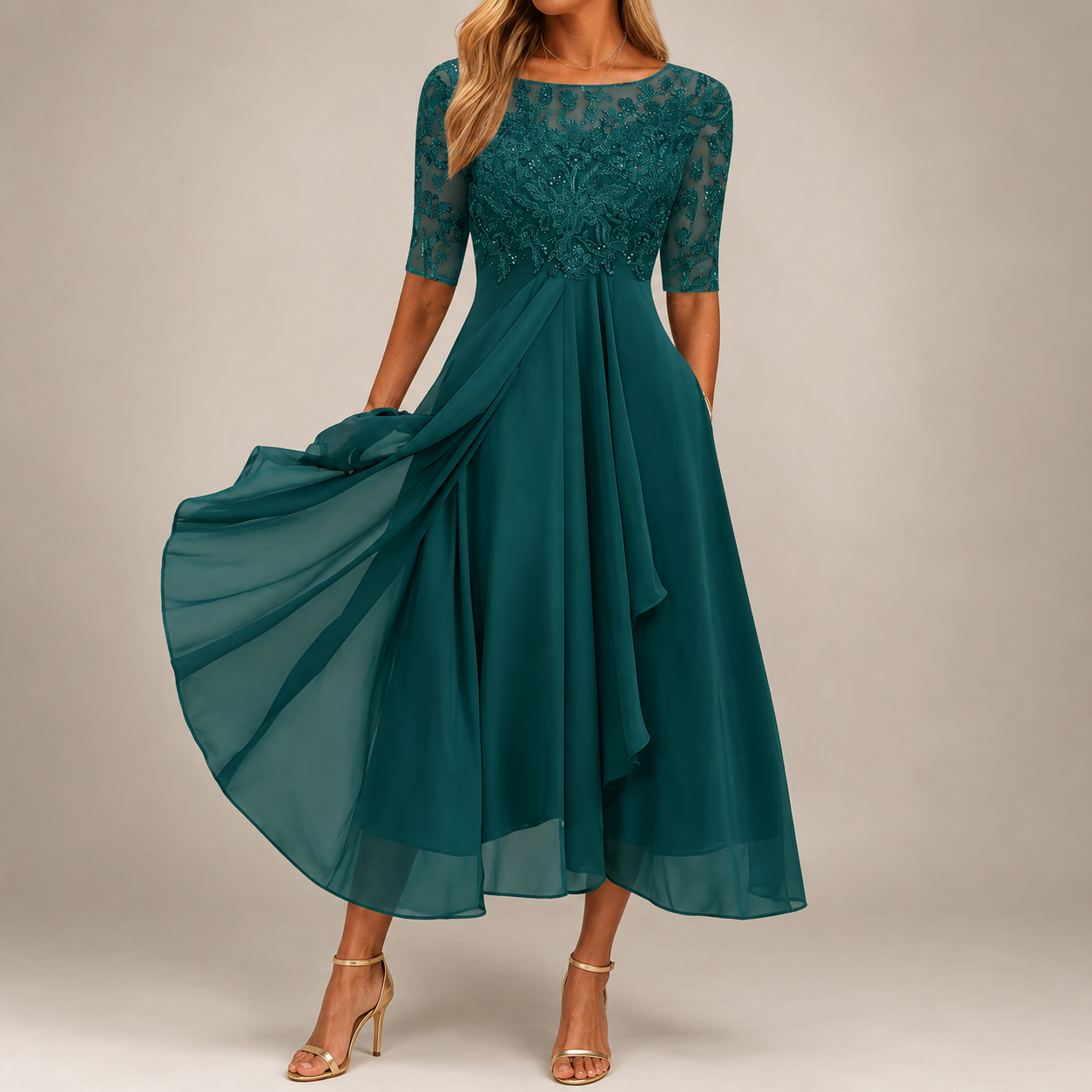 Women's pink midi dress round-neck lace-bodice sheer-sleeve