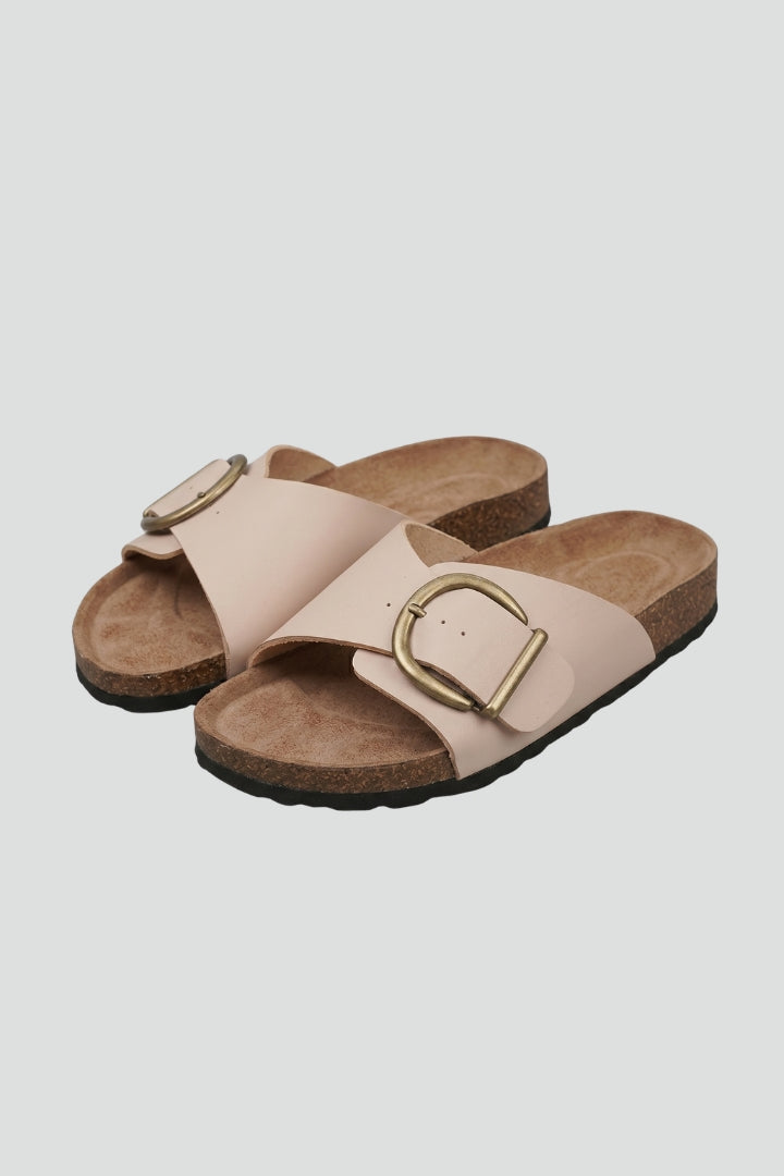Cream buckle comfort sandals with cork-textured sole, product view