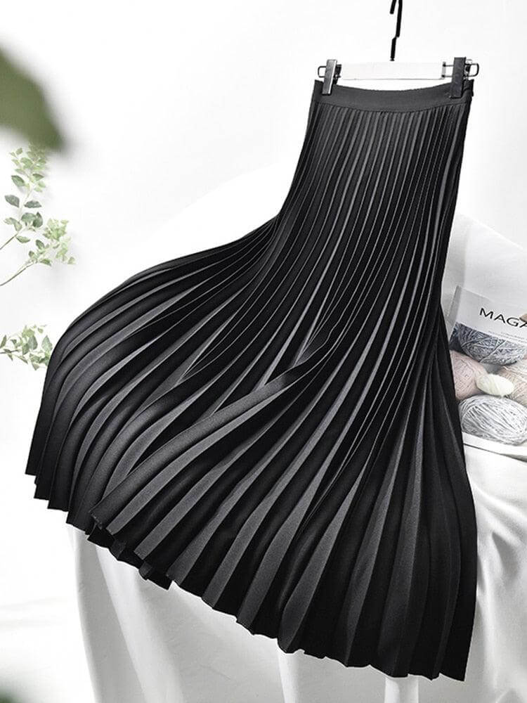Women's Flowing Pleated Midi Skirt for Smart-Casual Wear — Black