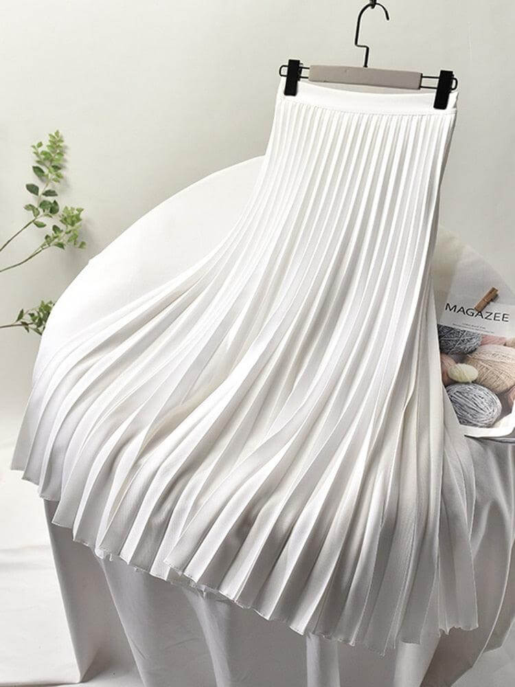 Women's Flowing Pleated Midi Skirt for Smart-Casual Wear — White