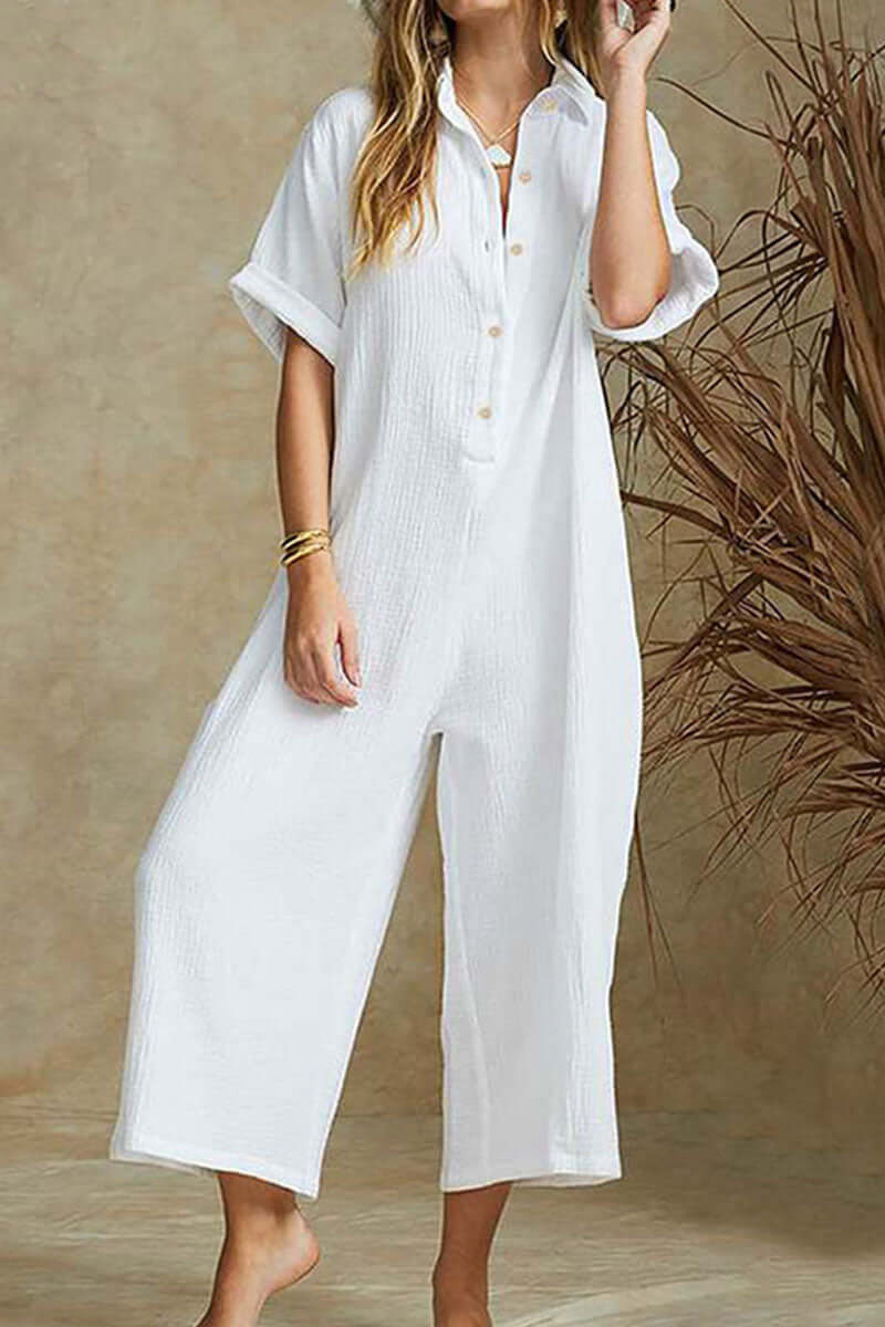 Women's Relaxed Fit Notch Collar Boilersuit Jumpsuit for Work — White