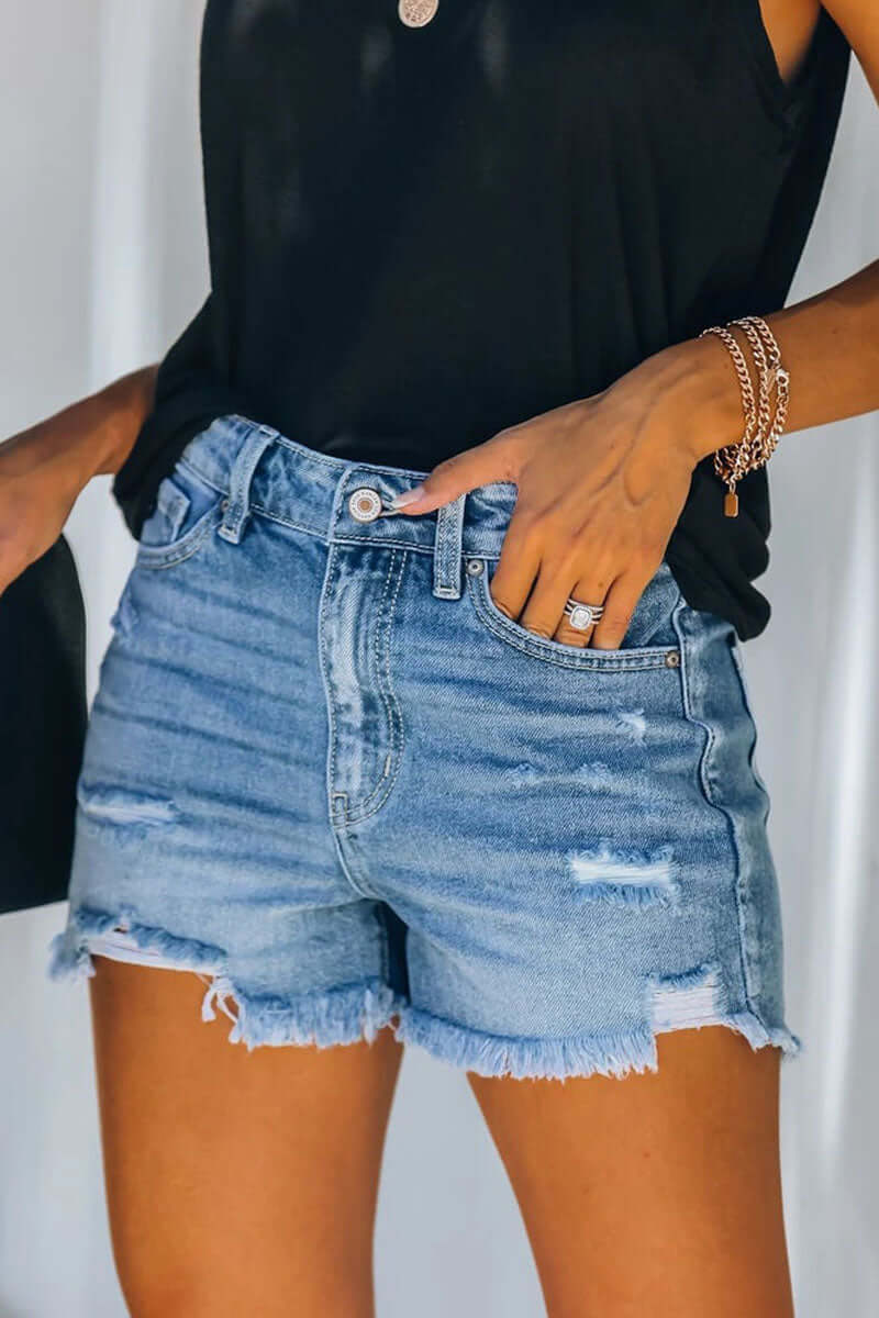Women's Ripped Blue Denim Shorts for Casual Summer Style — Dark blue
