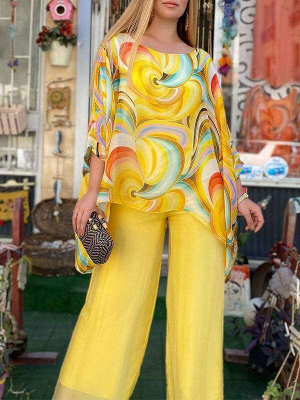 Women's Flowing Two-Piece Chiffon Set for Summer Evenings — Yellow