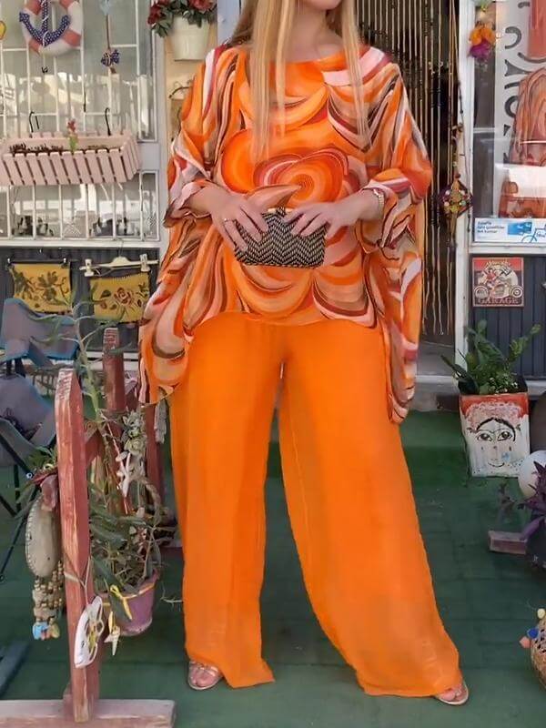 Women's Flowing Two-Piece Chiffon Set for Summer Evenings — Orange