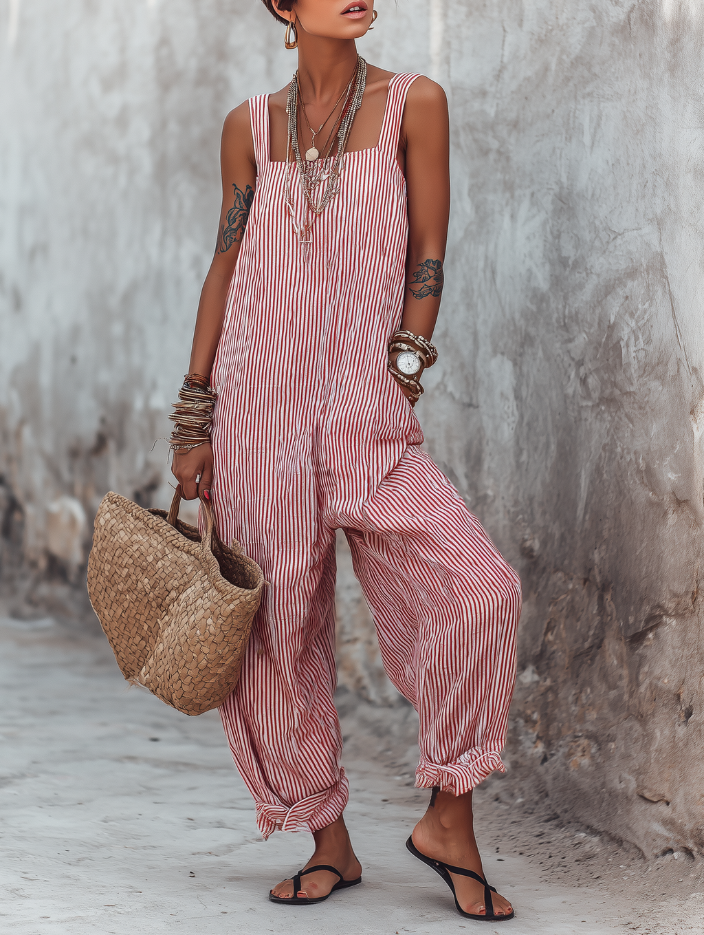 Women's red jumpsuit sleeveless striped square-neck