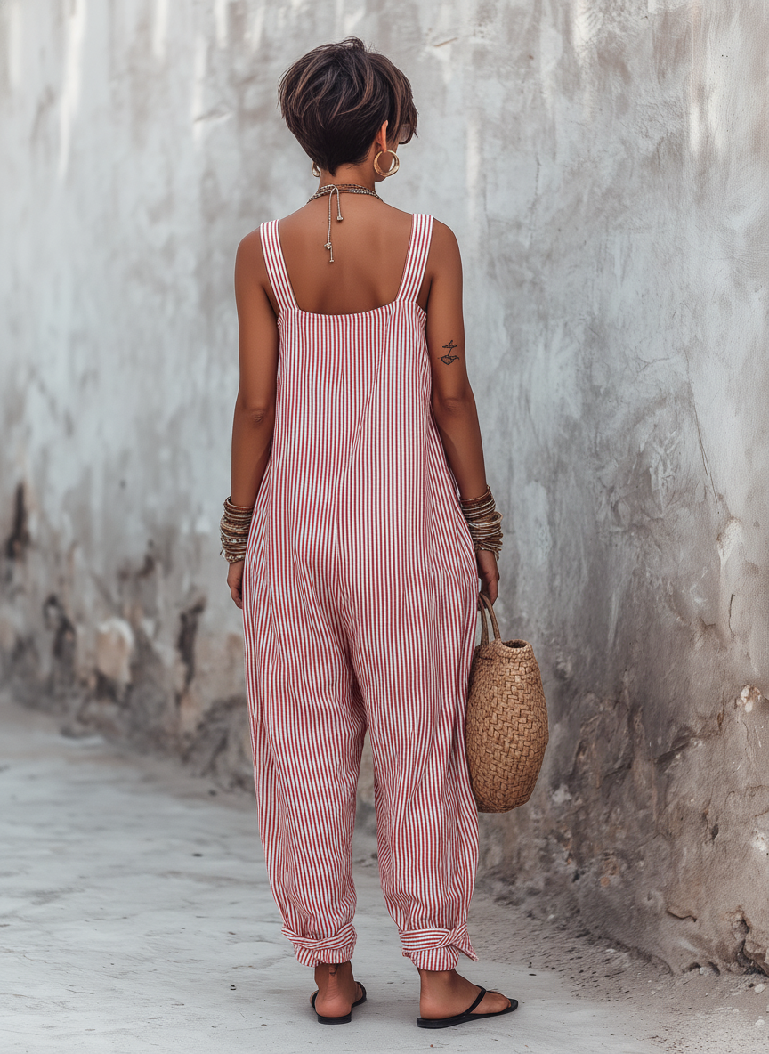 Women's red jumpsuit sleeveless striped square-neck