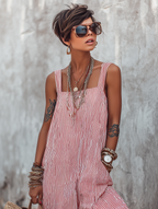 Women's red jumpsuit sleeveless striped square-neck