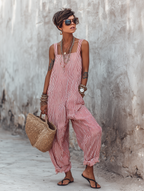 Women's black jumpsuit sleeveless striped square-neck
