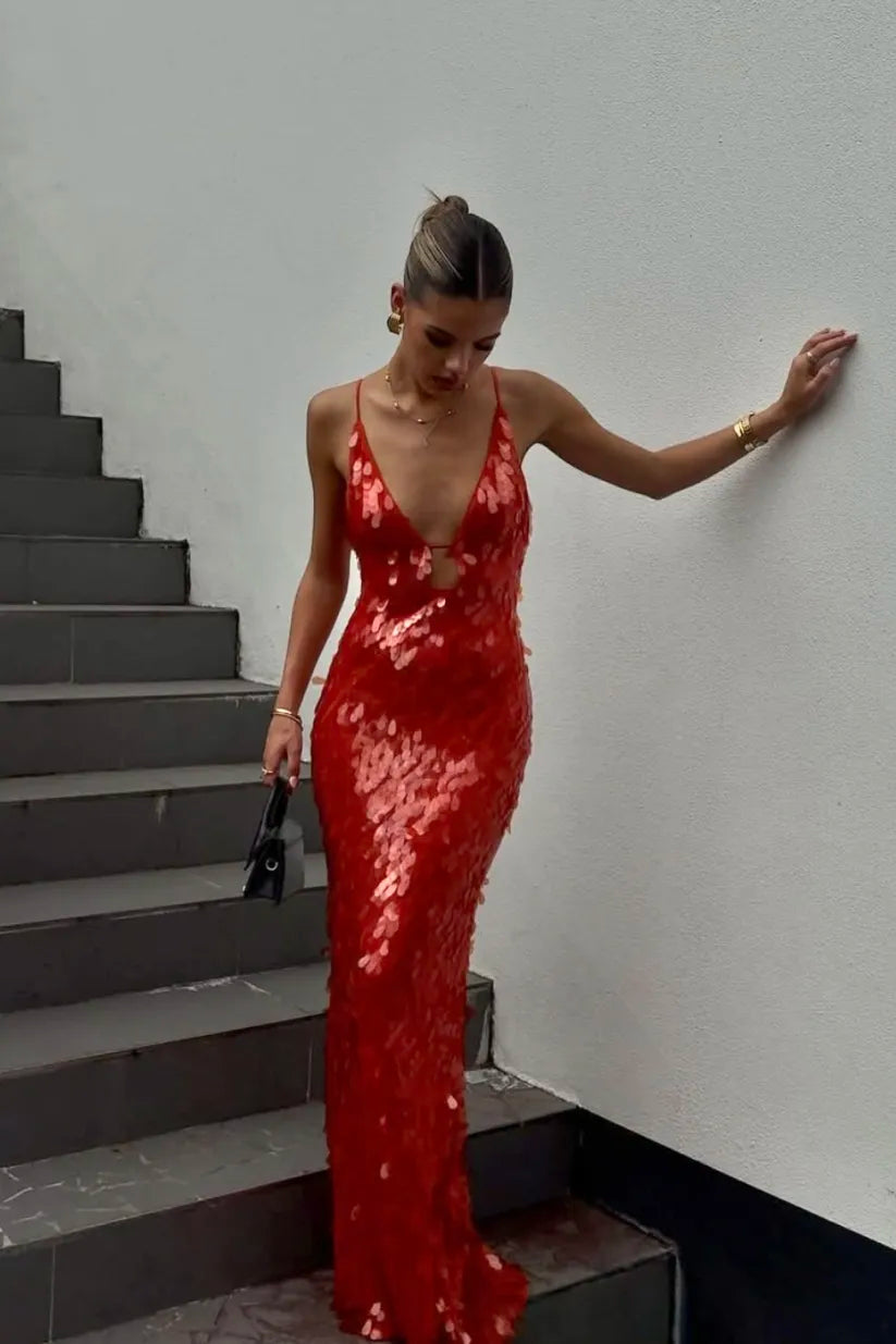 Sequin maxi dress in Red, showing a fitted mermaid silhouette.