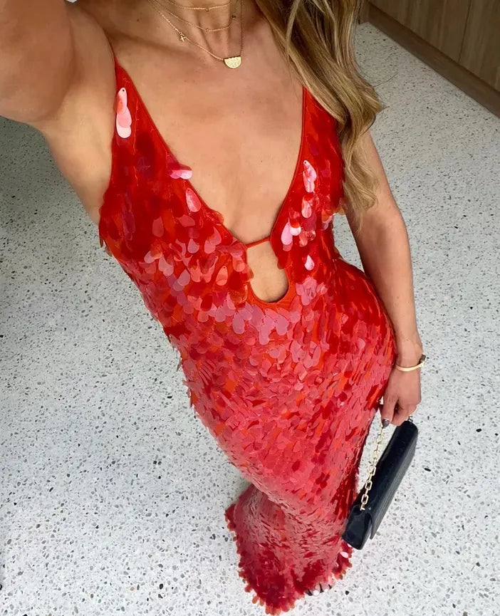 Sequin maxi dress in Red, showing the all-over sequin shimmer.