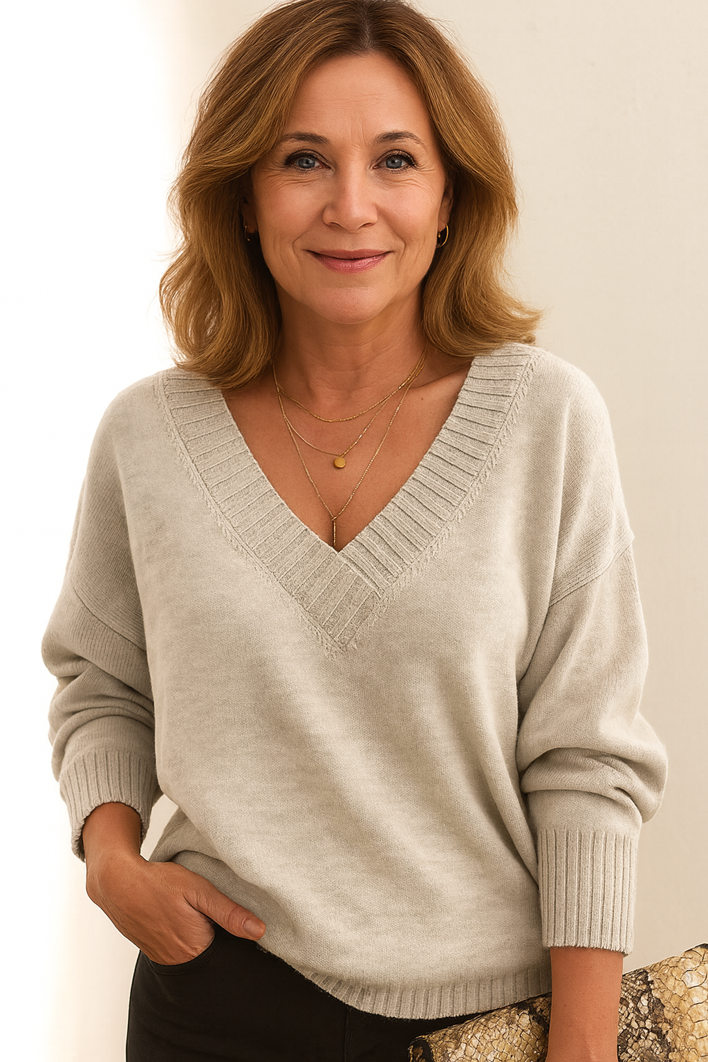 Women's V-neck cashmere jumper in pink, 100% premium cashmere, classic fit winter knitwear